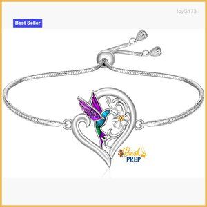 Sterling Silver Adjustable Hummingbird Heart Bracelet Memorial Gift